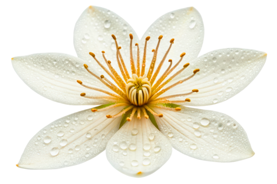 White flower with water drops on its petals and yellow center isolated with transparent background