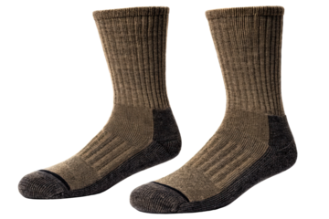Pair of warm brown wool hiking socks with grey details isolated with transparent background