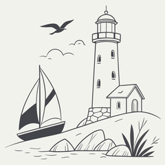 Nautical scene with a sailboat approaching a rocky shore with a lighthouse and small building