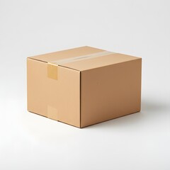 A closed, brown cardboard box sealed with clear tape, sitting on a white surface.