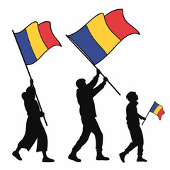 Romania Flag Silhouettes Family Celebrating National Pride, Romanian Patriotism, Colorful Illustration