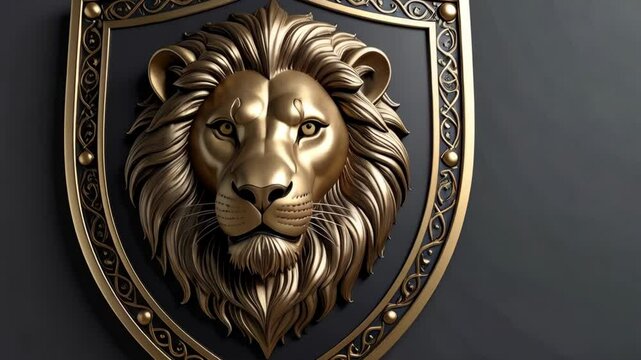 Golden lion head emblem on a shield with ornate golden frame against a dark gray background, symbolizing power and strength.