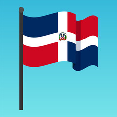 Waving Dominican flag on flagpole. Vector illustration of the national flag of the Dominican Republic mounted on a vertical flagpole with a rounded finial