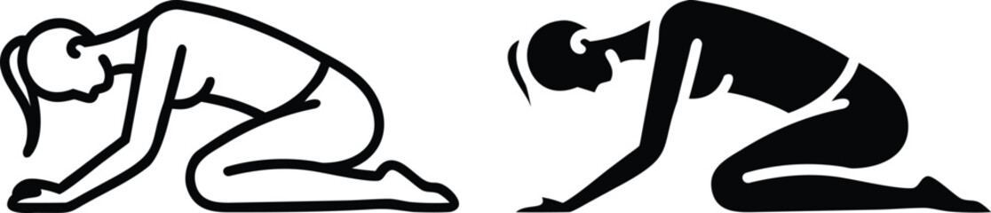 Female Yoga Stretching Pose Silhouette Icon in Black and White Vector Illustration