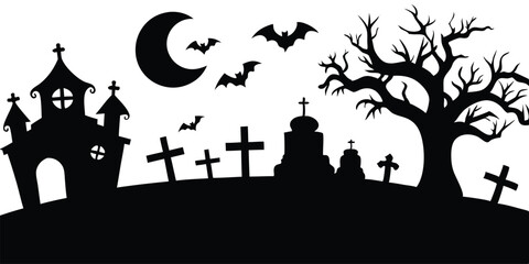 Spooky Halloween Night Haunted Castle, Graveyard, Bats, and Creepy Tree Silhouettes