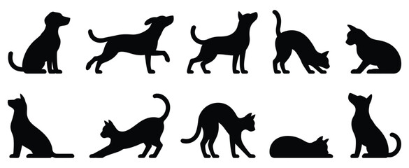 silhouette collection of cats and dogs in playful and relaxed poses, perfect for pet-themed vector designs, illustrations, and clipart