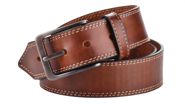 Mens brown leather belt with metal buckle isolated on a transparent background