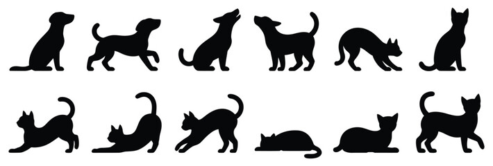 Silhouette vector set of cats and dogs in various poses including sitting, walking, jumping and stretching – pet animal collection