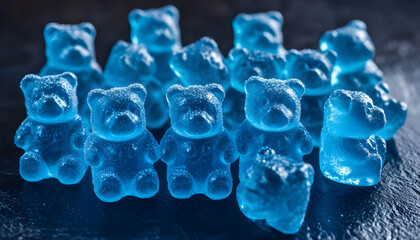 A tempting pile of blue raspberry gummy bears shimmering with a sweet sugary coating on a dark