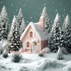 A miniature pink house stands nestled within a snow covered winter wonderland