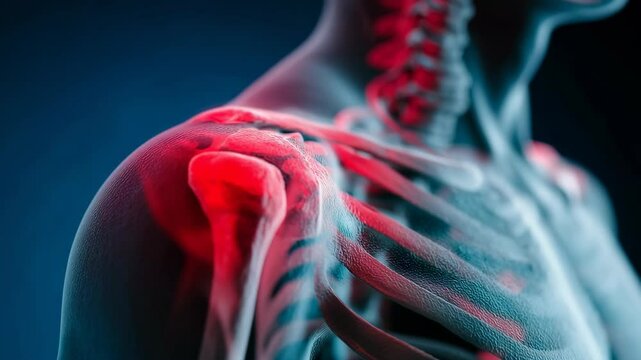 Anatomical shoulder joint with red highlighting, showing bones and structure, indicating pain, inflammation, or injury in a medical context.