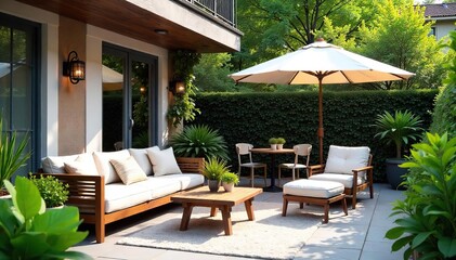 Inviting outdoor patio space with comfortable seating, lush greenery, and charming nautical-themed decor Perfect for relaxation and al fresco dining , umbrella, wood