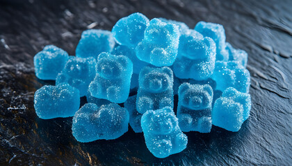 A tempting pile of blue raspberry gummy bears shimmering with a sweet sugary coating on a dark