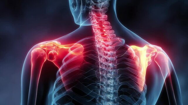 Anatomical rendering of the human skeletal and muscular system, highlighting potential shoulder and neck pain. Medical visualization for health awareness.