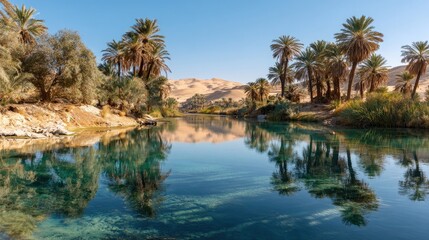 Serene Oasis in the Desert: Palm Trees Reflecting in Clear Blue Water