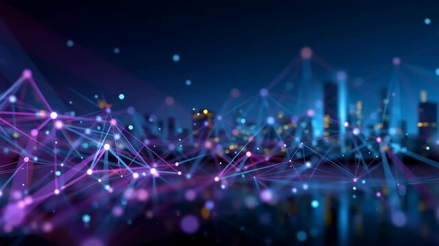 dynamic shot, abstract network of glowing lines and nodes representing global business connection and distributed workforce, futuristic city background, blue and purple palette