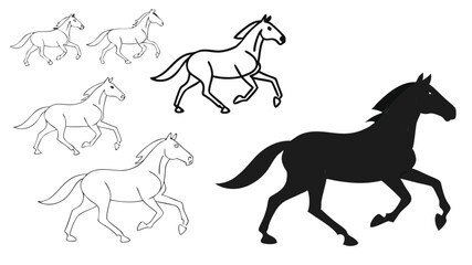 Elegant Horse Illustrations Line Art, Silhouette, and Running Poses
