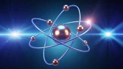 Stunning 3D rendering of an atom nucleus electrons orbiting science technology energy physics research innovation