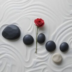 Zen Garden Serenity: Red Rose and Smooth Stones on White Sand