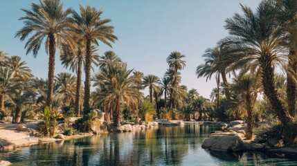 Serene Oasis with Palm Trees and Calm Water Under a Sunny Sky