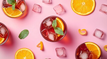 Top view of refreshing summer cocktails with orange slices and mint on pink background.