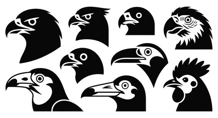 vector silhouette collection of bird heads featuring eagle, parrot, rooster, and hawk in black and white - animal icon illustrations