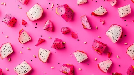 Flat lay of vibrant pink dragon fruit pieces arranged on a pink background.
