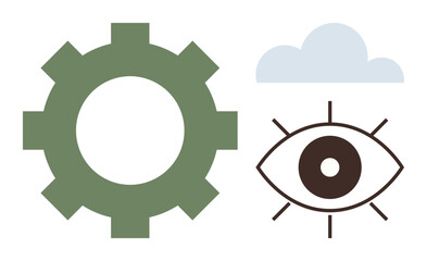 Green gear, outlined eye, and soft cloud evoke innovation, observation, cloud technology, creativity, and interconnected systems. Ideal for technology, vision analytics innovation brainstorming