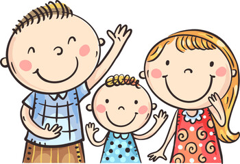 Portrait of happy family. Parents with little child. Cartoon characters, front view