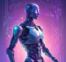 A futuristic vector illustration of artificial intelligence, featuring a humanoid robot interacting with a digital interface, neural network patterns in the background, glowing circuit lines,