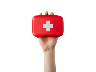 Red first aid kit held by hand isolated on a transparent background