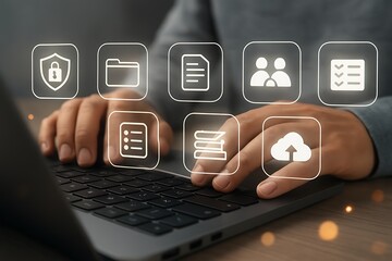 Digital interface icons on laptop keyboard technology