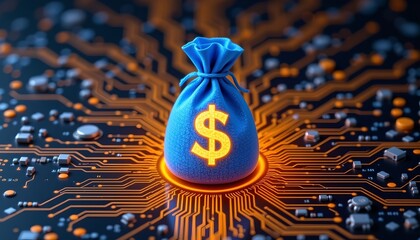 a symbolic of money, specifically a $100 bill tied with an orange ribbon, placed atop a circuit board that resembles a digital explosion or a network