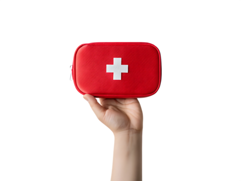 Red medical kit with white cross isolated on a transparent background - Powered by Adobe
