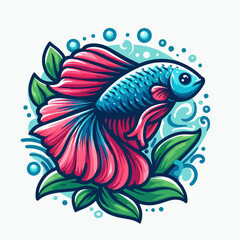 Captivating graphic design of a betta fish, featuring vibrant colors and decorative aquatic elements, presented in a detailed illustration style.