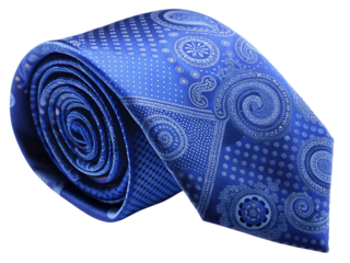 Rolled blue paisley patterned tie isolated on a transparent background