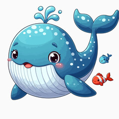 Stylized illustration of a friendly whale, with small, adorable fish swimming nearby.  The whale features large eyes, and a cheerful expression.