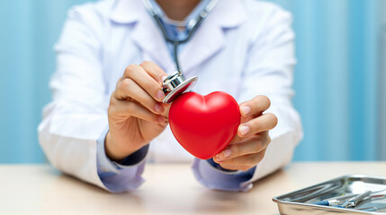 Doctor Examining Red Heart Model with Stethoscope Cardiology, Heart Health, and Cardiovascular Care