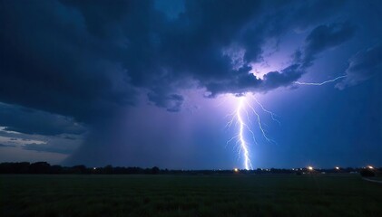 Majestic Nighttime Thunderstorm Powerful Lightning Strikes Dark Landscape