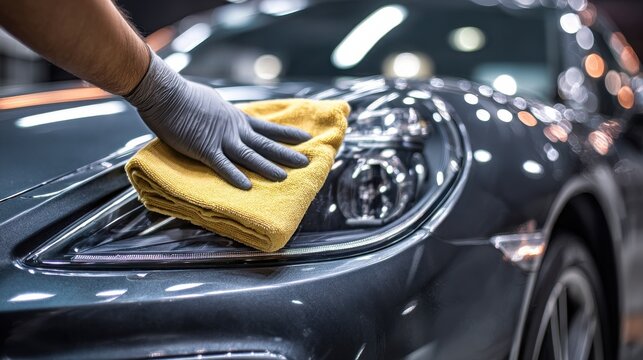 Close-Up of Hand Polishing Car Headlight with Soft Cloth in Automotive Detailing Workshop