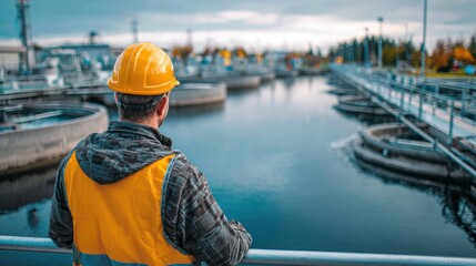 Worker in Safety Gear Observing Water Treatment Process at Modern Facility with Large Tanks and Equipment