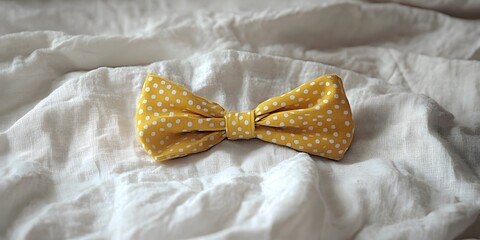 Cute Yellow Polka Dot Bow Tie on White Linen Fabric