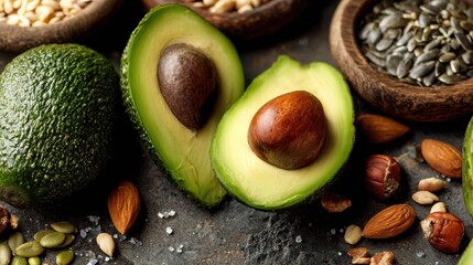 Fresh Avocado Halved with Nuts and Seeds on a Rustic Table Background for Healthy Food Concept