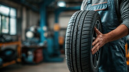 Close-Up of Mechanic Holding New Tire in Workshop with Tools and Equipment in Background