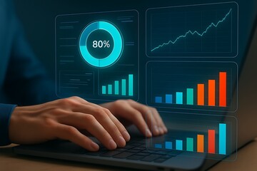 Hands typing on laptop with glowing data charts image