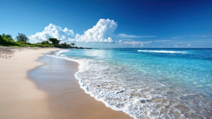 Fototapeta premium Serene Tropical Beach with Clear Water and Cloudy Sky on a Bright Sunny Day in Paradise