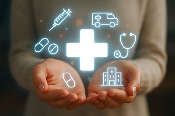 Healthcare symbols glowing around open hands medical