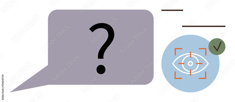 Poster speech bubble with a question mark and focus eye icon linked to a checkmark, representing decision-m