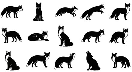 Fototapeta premium Black foxes in different poses and actions on a white background 