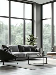 sharp picture of Grey living room interior with couch armchair and panoramic window. Mockup frame high detail